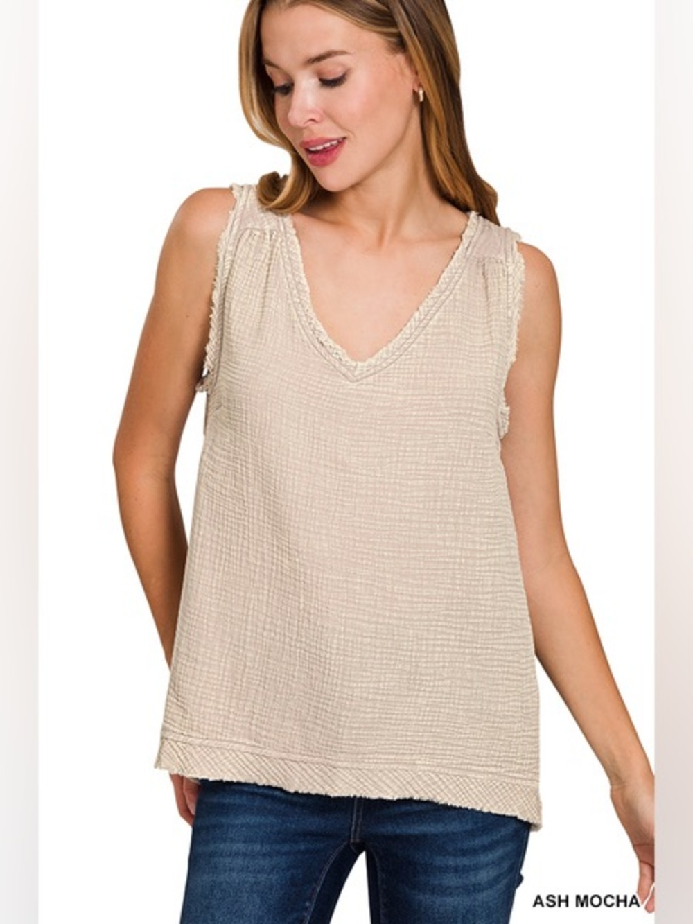 Zenana DOUBLE GAUZE RAW EDGE ACID WASHED TANK TOP